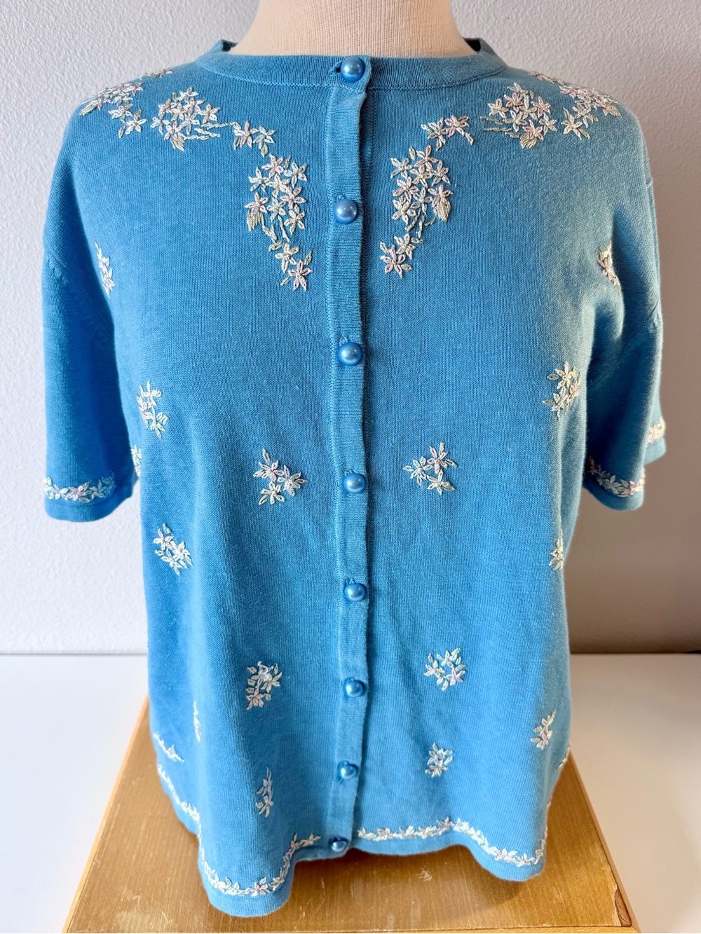 Vintage All Points Blue Floral Embroidered Short Sleeve Cardigan Sweater Medium